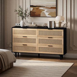 Sunvega Modern Natural Rattan 6 Drawer Dresser with Wood Legs for Bedroom Storage