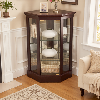 Sunvega Antique Glass Corner Cabinet with Adjustable Shelves and Built-in Light