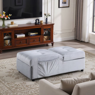 Sunvega Dark Blue Velvet Tufted Solid Wood Lift Top Storage Bench with Pull-out Ottoman