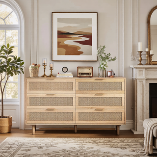 Sunvega Modern Natural Rattan 6 Drawer Dresser with Wood Legs for Bedroom Storage