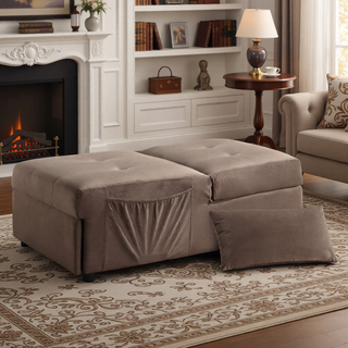 Sunvega Dark Blue Velvet Tufted Solid Wood Lift Top Storage Bench with Pull-out Ottoman