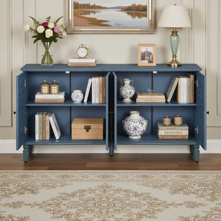 Sunvega Antique Green Buffet Cabinet with Floral Carvings and Solid Wood Legs for Living Room