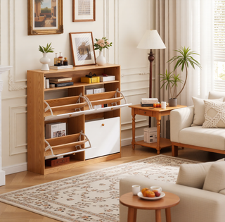 Sunvega 4 Tier Shoe Rack Organizer with Drawer and Two Adjustable White Door Shelves