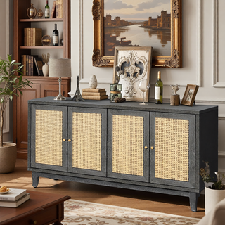 Sunvega Handcrafted Premium Grain Rattan Sideboard Storage Cabinet with 4 Doors