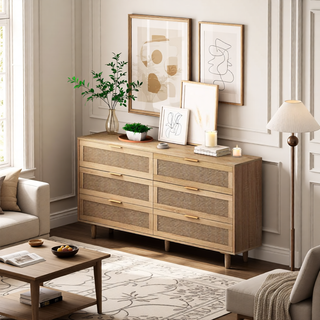 Sunvega Modern Natural Rattan 6 Drawer Dresser with Wood Legs for Bedroom Storage