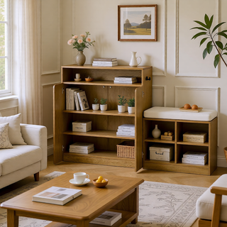 Sunvega Entryway Cabinet with Shoe Bench, 3-Tier Adjustable Shelves and Wavy Slatted Door