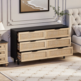 Sunvega Modern Natural Rattan 6 Drawer Dresser with Wood Legs for Bedroom Storage