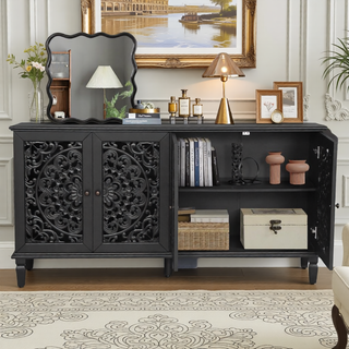 Sunvega Antique Green Buffet Cabinet with Floral Carvings and Solid Wood Legs for Living Room