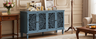Sunvega Antique Green Buffet Cabinet with Floral Carvings and Solid Wood Legs for Living Room