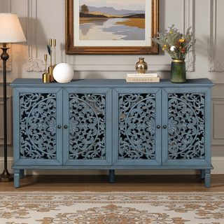 Sunvega Antique Green Buffet Cabinet with Floral Carvings and Solid Wood Legs for Living Room