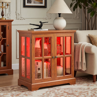Sunvega Retro LED Curio Display Cabinet with Adjustable Glass Shelves and Magnetic Closure