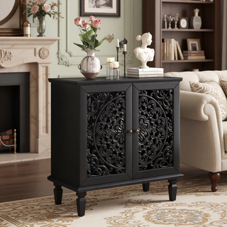 Sunvega Antique Green Buffet Cabinet with Floral Carvings and Solid Wood Legs for Living Room