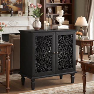 Sunvega Antique Green Buffet Cabinet with Floral Carvings and Solid Wood Legs for Living Room