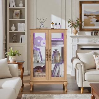 Sunvega American Retro Style Glass Curio Cabinet with Illuminated Display and Mirrored Back