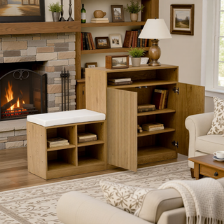 Sunvega Entryway Cabinet with Shoe Bench, 3-Tier Adjustable Shelves and Wavy Slatted Door
