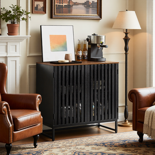 Sunvega Mid Century Modern Nightstand with Grille Striped Doors and Metal Legs