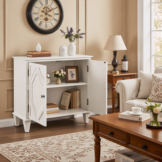 Sunvega Mid Century Modern Sideboard Buffet Cabinet with Spacious Storage and Geometric Accent