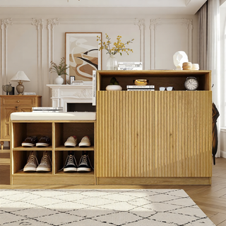 Sunvega Entryway Cabinet with Shoe Bench, 3-Tier Adjustable Shelves and Wavy Slatted Door