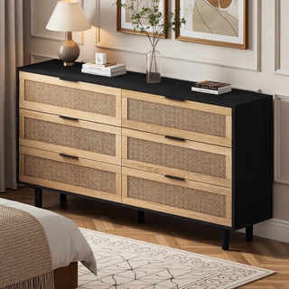 Sunvega Modern Natural Rattan 6 Drawer Dresser with Wood Legs for Bedroom Storage