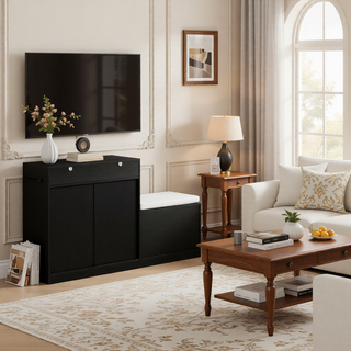 Sunvega Entryway Cabinet with Shoe Bench, 3-Tier Adjustable Shelves and Wavy Slatted Door