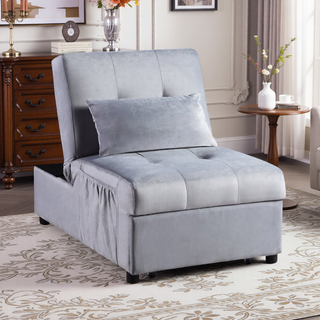 Sunvega Dark Blue Velvet Tufted Solid Wood Lift Top Storage Bench with Pull-out Ottoman