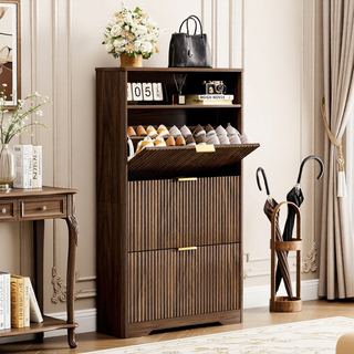 Sunvega Tall Modern Minimalist Shoe Cabinet with Two Flip Drawers and Wave-Patterned Panel