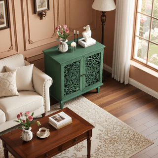 Sunvega Antique Green Buffet Cabinet with Floral Carvings and Solid Wood Legs for Living Room
