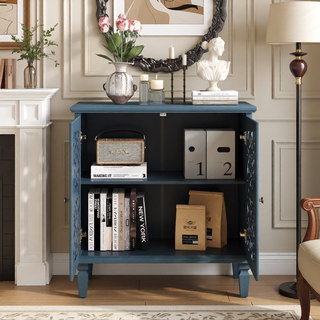 Sunvega Antique Green Buffet Cabinet with Floral Carvings and Solid Wood Legs for Living Room