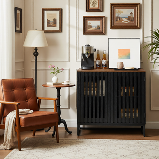 Sunvega Mid Century Modern Nightstand with Grille Striped Doors and Metal Legs