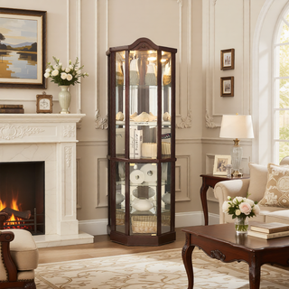 Sunvega Antique Glass Corner Curio Cabinet with Adjustable Shelves and Built-in Light
