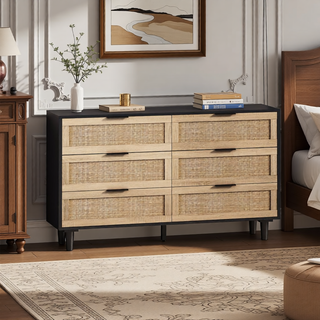 Sunvega Modern Natural Rattan 6 Drawer Dresser with Wood Legs for Bedroom Storage