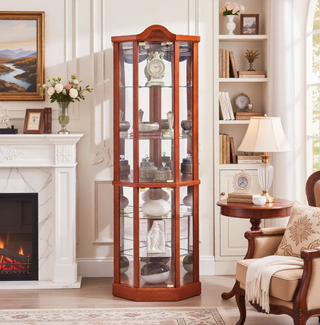 Sunvega Antique Glass Corner Cabinet with Adjustable Shelves and Built-in Light