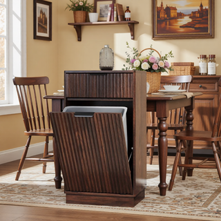 Sunvega Woodgrain Tilt-Out Trash Can Cabinet with Hideaway Drawer and Pull-Out Bin