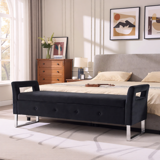Sunvega Green Velvet Storage Soft Bench with Armrests for Living Room and Bedroom