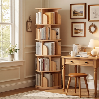 Sunvega 360° Rotating Bookshelf with Wheels and Drawer for Space-Saving Storage