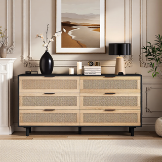Sunvega 6 Drawer Rattan Dresser with Metal Handle and Wood Legs for Bedroom Storage
