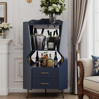 Sunvega Corner Bar Cabinet with Mirrored Back and 2 Drawers for Living Room