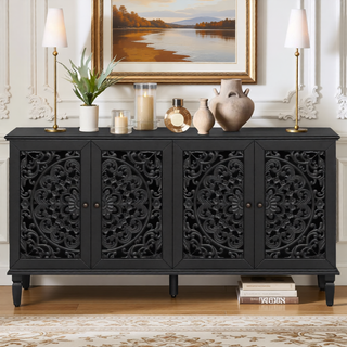 Sunvega Antique Green Buffet Cabinet with Floral Carvings and Solid Wood Legs for Living Room