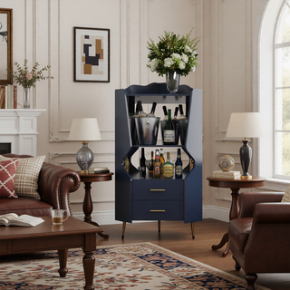 Sunvega Corner Bar Cabinet with Mirrored Back and 2 Drawers for Living Room
