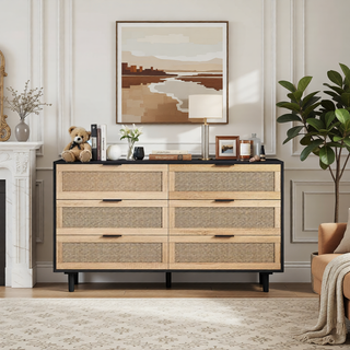 Sunvega Modern Natural Rattan 6 Drawer Dresser with Wood Legs for Bedroom Storage