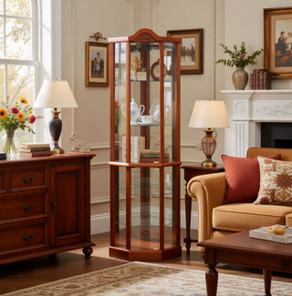 Sunvega Antique Glass Corner Curio Cabinet with Adjustable Shelves and Built-in Light