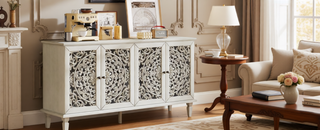 Sunvega Antique Green Buffet Cabinet with Floral Carvings and Solid Wood Legs for Living Room