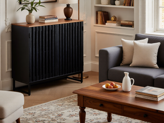 Sunvega Mid Century Modern Nightstand with Grille Striped Doors and Metal Legs