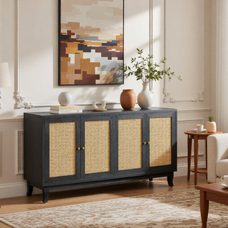 Sunvega Handcrafted Premium Grain Rattan Sideboard Storage Cabinet with 4 Doors