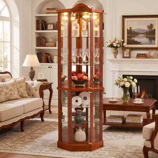 Sunvega Antique Glass Corner Curio Cabinet with Adjustable Shelves and Built-in Light