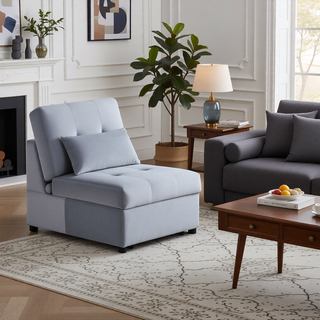 Sunvega Dark Blue Velvet Tufted Solid Wood Lift Top Storage Bench with Pull-out Ottoman