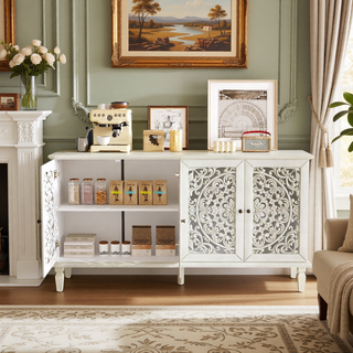 Sunvega Antique Green Buffet Cabinet with Floral Carvings and Solid Wood Legs for Living Room