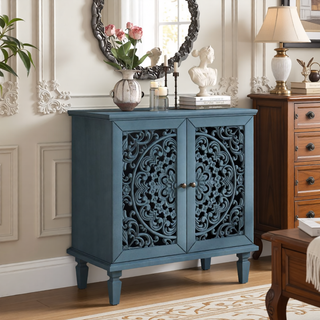 Sunvega Antique Green Buffet Cabinet with Floral Carvings and Solid Wood Legs for Living Room