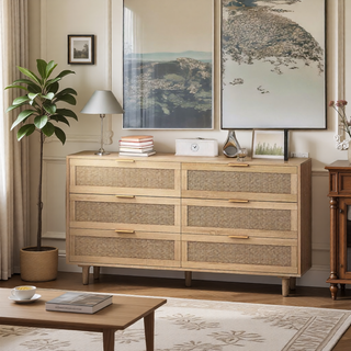 Sunvega Modern Natural Rattan 6 Drawer Dresser with Wood Legs for Bedroom Storage
