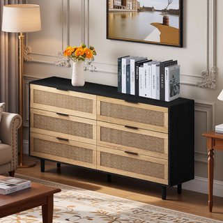 Sunvega Modern Natural Rattan 6 Drawer Dresser with Wood Legs for Bedroom Storage